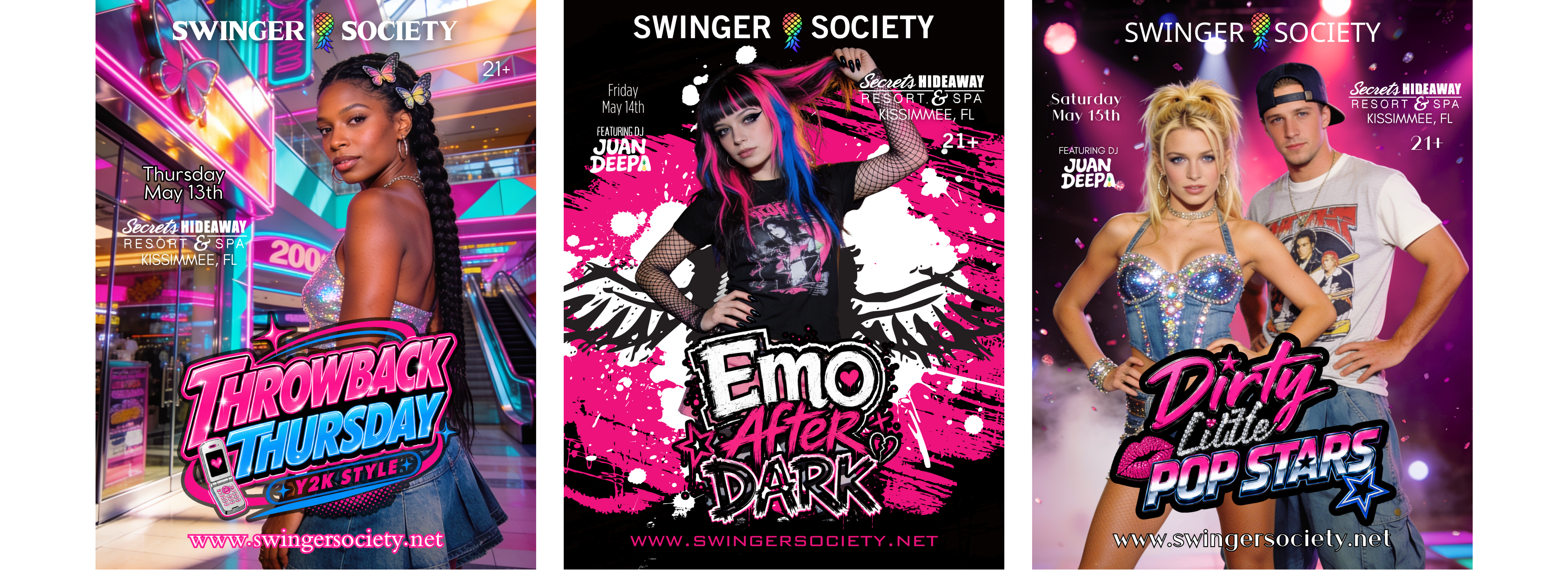 Throwback Thursday, Emo After Dark, and Dirty Little Pop Stars flyers