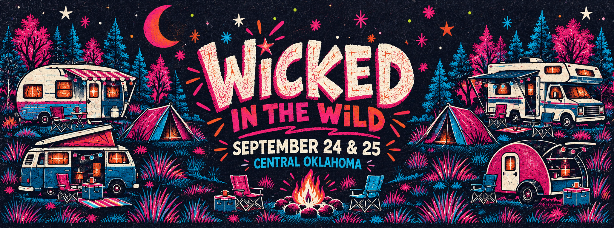 Wicked in the Wild — September 24 and 25 — Central Oklahoma, with illustrated campers, tents and a bonfire