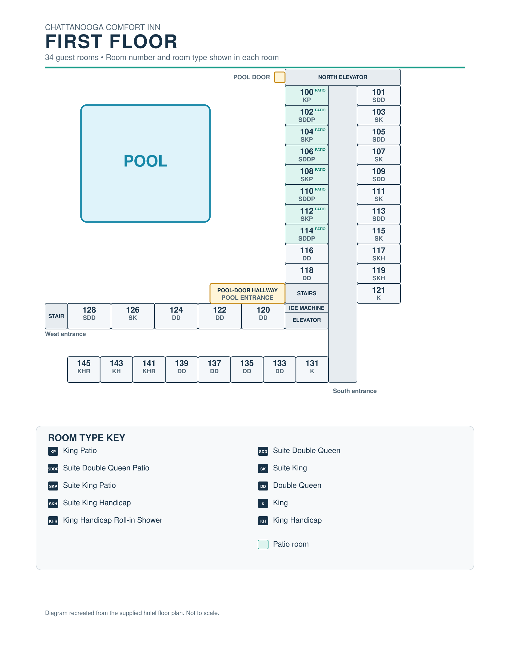 Chattanooga Comfort Inn First Floor Map - 34 rooms including poolside patio rooms